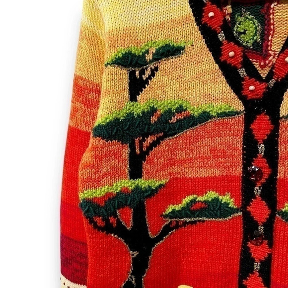 Vintage Handknit Elephants in the African Serengeti Desert Cardigan Sweater M - Picture 8 of 10